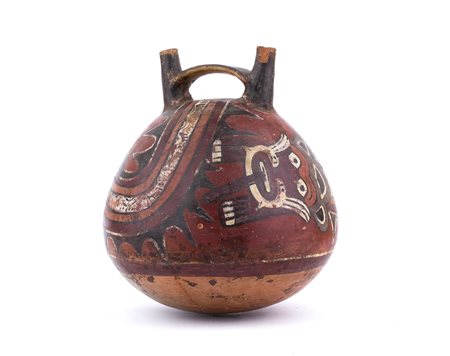 Polychrome double-spouted bowl, Peru, Nazca Culture, ca. 2nd - 6th century AD; height cm 20,5