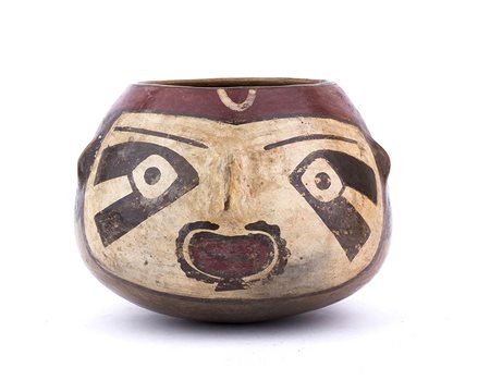 Polychrome trophy-head bowl, Peru, Nazca Culture, ca. 2nd - 6th century AD; height cm 9,5