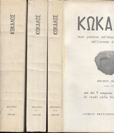 A.A.V.V. – KOKALOS. Atti del V congresso internazionale di studi sulla Magna Grecia. 3 volumi Tomo I – II – III. Pp. 1094,  tavv. 241. Palermo, 1983. Ril. ed. intonsi. Ottimo stato, opera completa e importante.<br>