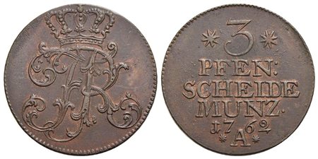 GERMANIA - PRUSSIA - Federico II (1740-1786) - 3 Pfennig - 1762 A - CU Kr. 290 Parzialmente rosso<br