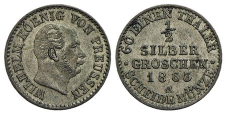 GERMANIA - PRUSSIA - Guglielmo I (1861-1888) - Mezzo Groschen - 1863 A - MI Kr. 484<br>qFDC