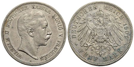 GERMANIA - PRUSSIA - Guglielmo II (1888-1918) - 5 Marchi - 1907 - AG Kr. 523<br>BB+