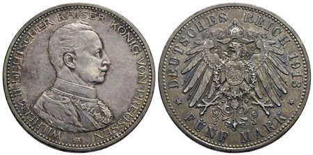 GERMANIA - PRUSSIA - Guglielmo II (1888-1918) - 5 Marchi - 1913 A - AG Kr. 536<br>qSPL/SPL
