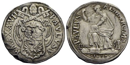 ROMA - Paolo V (1605-1621) - Testone - 1612 A. VII - Stemma a targa in cornice - R/ San Paolo seduto