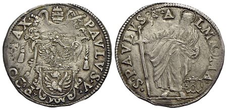 ROMA - Paolo V (1605-1621) - Giulio - Stemma a targa oblunga - R/ San Paolo con spada - (AG g. 3,12)