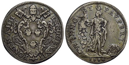 ROMA - Innocenzo XII (1691-1700) - Testone - 1694 A. IIII - Stemma sormontato da tiara e chiavi decu