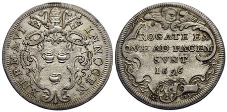 ROMA - Innocenzo XII (1691-1700) - Testone - 1696 A. VI - Stemma a targa sagomata - R/ Scritta in qu