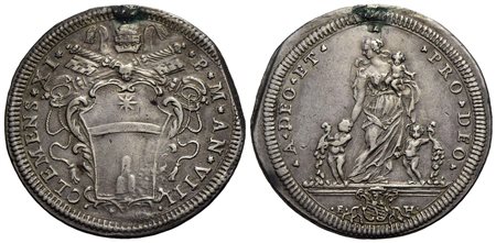 ROMA - Clemente XI (1700-1721) - Testone - A. VIII - Stemma poligonale, serafino in cimasa; chiavi c