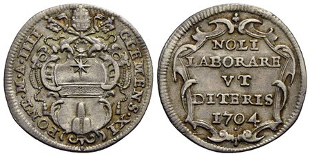 ROMA - Clemente XI (1700-1721) - Giulio - 1704 A. IIII - Stemma ovale sagomato - R/ Scritta - (AG g.