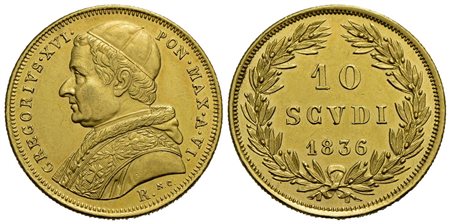 ROMA - Gregorio XVI (1831-1846) - 10 Scudi - 1836 A. VI - (AU g. 17,37) R Pag. 157; Mont. 4<br>qFDC<