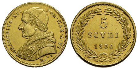 ROMA - Gregorio XVI (1831-1846) - 5 Scudi - 1836 A. VI - (AU g. 8,69) R Pag. 175b; Mont. 37<br>SPL-F