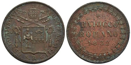 ROMA - Gregorio XVI (1831-1846) - Baiocco - 1832 A. II - (CU g. 11,48) R Pag. 261; Mont. 181<br>BB<b