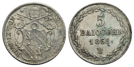 BOLOGNA - Pio IX (1846-1866) - 5 Baiocchi - 1858 A. XIII - (AG g. 1,43) Pag. 290; Mont. 226<br>SPL<b