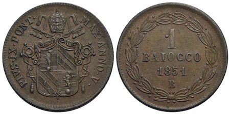 BOLOGNA - Pio IX (1846-1866) - Baiocco - 1851 A. V - (CU g. 10) Pag. 320; Mont. 307<br>SPL+<br><br>C