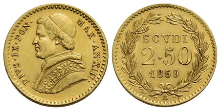 ROMA - Pio IX (1846-1866) - 2,50 Scudi - 1859 A. XIII - (AU g. 4,33) Pag. 367; Mont. 97<br>qFDC<br><