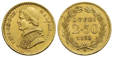 ROMA - Pio IX (1846-1866) - 2,50 Scudi - 1859 A. XIV - (AU g. 4,36) Pag. 368; Mont. 99<br>qFDC<br><b