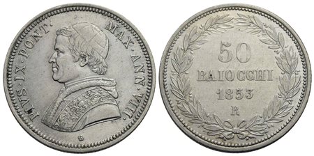 ROMA - Pio IX (1846-1866) - 50 Baiocchi - 1853 A. VIII - (AG g. 13,41) Pag. 402; Mont. 136 Pulita<br