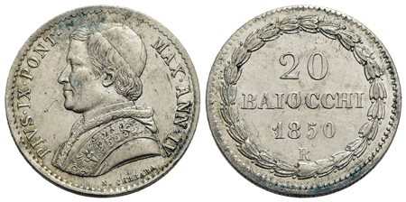 ROMA - Pio IX (1846-1866) - 20 Baiocchi - 1850 A. IV - (AG g. 5,36) Pag. 405; Mont. 145<br>BB-SPL<br