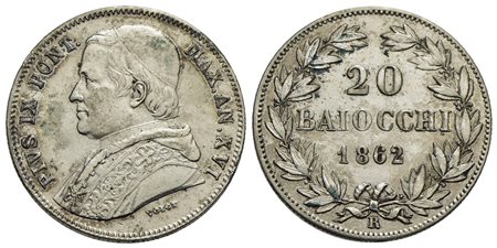 ROMA - Pio IX (1846-1866) - 20 Baiocchi - 1862 A. XVI - (AG g. 5,7) Pag. 420; Mont. 170<br>BB+<br><b