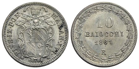 ROMA - Pio IX (1846-1866) - 10 Baiocchi - 1861 A. XVI - (AG g. 2,85) Pag. 442; Mont. 198<br>FDC<br><