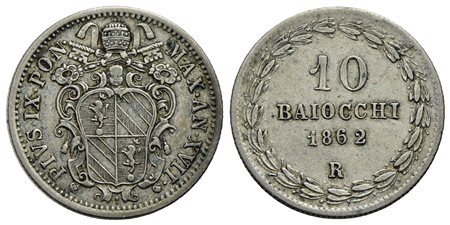 ROMA - Pio IX (1846-1866) - 10 Baiocchi - 1862 A. XVII - (AG g. 2,8) Pag. 445; Mont. 200<br>BB+<br><