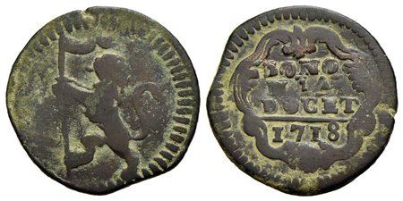 BOLOGNA - Clemente XI (1700-1721) - Quattrino - 1718 - Leone vessilifero a s. - R/ Scritta entro car