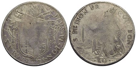 BOLOGNA - Pio VI (1775-1799) - Scudo da 4 Lire - 1775 A. I - AG RR CNI 1; Munt. 204<br>qBB