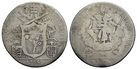 BOLOGNA - Pio VI (1775-1799) - Mezzo scudo romano - 1785 - AG RRR CNI 201; Munt. 209 var. I Diametro