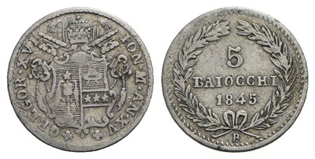 BOLOGNA - Gregorio XVI (1831-1846) - 5 Baiocchi - 1845 A. XV - AG RR Pag. 194b; Mont. 175 B piccola<