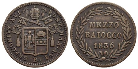 BOLOGNA - Gregorio XVI (1831-1846) - Mezzo baiocco - 1836 A. VI - CU Pag. 216; Mont. 225<br>BB+