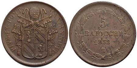 BOLOGNA - Pio IX (1846-1866) - 5 Baiocchi - 1852 A. VI - CU RRRR Pag. manca; Mont. manca Contorno ri