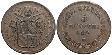 BOLOGNA - Pio IX (1846-1866) - 5 Baiocchi - 1852 A. VII - CU Pag. 300; Mont. 258<br>BB+