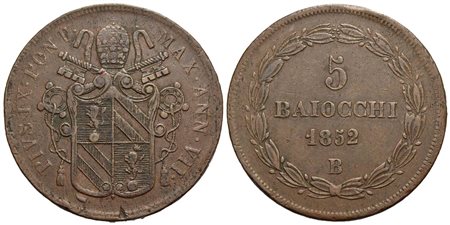 BOLOGNA - Pio IX (1846-1866) - 5 Baiocchi - 1852 A. VII - CU Pag. 300; Mont. 258<br>BB