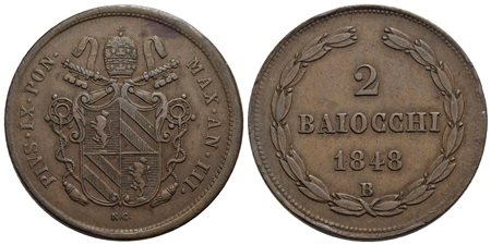 BOLOGNA - Pio IX (1846-1866) - 2 Baiocchi - 1848 A. III - CU Pag. 250; Mont. 36 Colpetti<br>qSPL