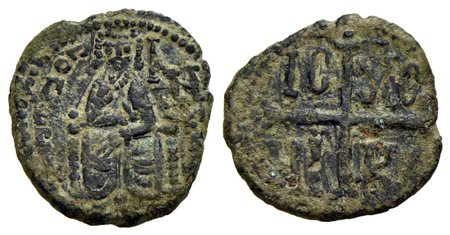 MESSINA - Ruggero II (1105-1154) - Follaro - Il Re seduto in trono - R/ Croce patente - (AE g. 1,45)