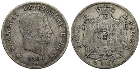 MILANO - Napoleone I, Re d'Italia (1805-1814) - 5 Lire - 1809 - AG Pag. 27a; Mont. 221 Puntali aguzz