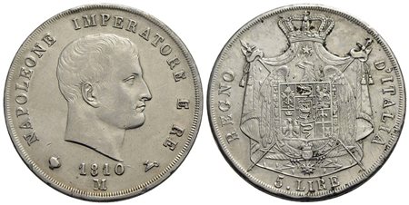 MILANO - Napoleone I, Re d'Italia (1805-1814) - 5 Lire - 1810 - AG RR Pag. 28a; Mont. 223 Puntali ag