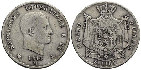 MILANO - Napoleone I, Re d'Italia (1805-1814) - 5 Lire - 1810 - AG RR Pag. 28a; Mont. 223 Puntali ag