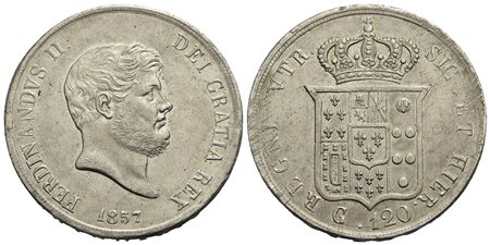 NAPOLI - Ferdinando II di Borbone (1830-1859) - Piastra - 1857 - AG P.R. 86; Mont. 808/816 Segnetti 