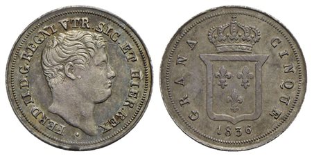 NAPOLI - Ferdinando II di Borbone (1830-1859) - 5 Grana - 1836 - AG P.R. 171; Mont. 963/964<br>SPL-F