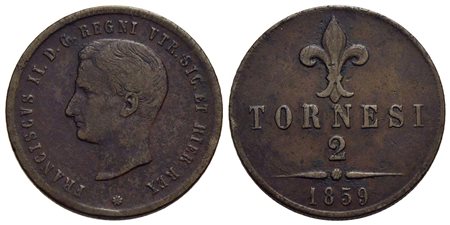 NAPOLI - Francesco II di Borbone (1859-1860) - 2 Tornesi - 1859 - CU P.R. 6; Mont. 1265<br>BB