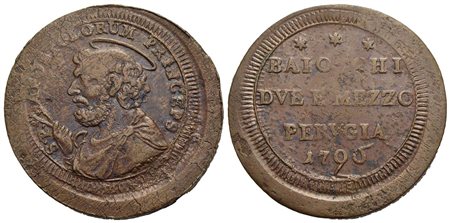 PERUGIA - Pio VI (1775-1799) - Sampietrino - 1796 - CU CNI 6; Munt. 392 T.M. al D/<br>bel BB