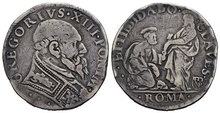 ROMA - Gregorio XIII (1572-1585) - Testone - Stemma e chiavi - R/ Gesù consegna le chiavi a San Piet