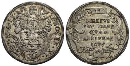 ROMA - Innocenzo XI (1676-1689) - Testone - 1685 A. IX - Stemma sagomato con punta a s. tra due rami