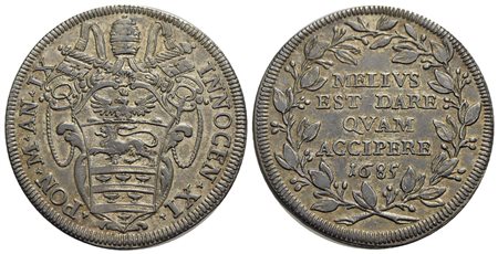 ROMA - Innocenzo XI (1676-1689) - Testone - 1685 A. IX - Stemma poligonale con fogliami - R/ Scritta