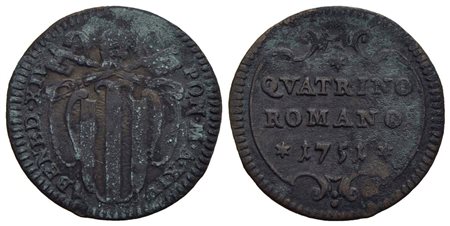 ROMA - Benedetto XIV (1740-1758) - Quattrino - 1751 A. XII - Stemma ovale sagomato - R/ Scritta in c