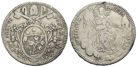 ROMA - Pio VI (1775-1799) - Scudo romano - 1780 A. VI - AG CNI 60; Munt. 17 Tiara radiante<br>bel BB