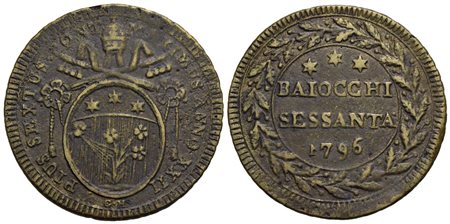 ROMA - Pio VI (1775-1799) - 60 Baiocchi - 1796 A. XXII - (MI g. 14,37) CNI 360; Munt. 64 Sigle GH Fa