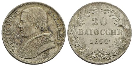 ROMA - Pio IX (1846-1866) - 20 Baiocchi - 1860 A. XIV - AG Pag. 416; Mont. 165<br>SPL+/FDC