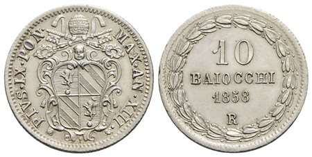 ROMA - Pio IX (1846-1866) - 10 Baiocchi - 1858 A. XIII - AG Pag. 439; Mont. 192 Tracce di pulizia al